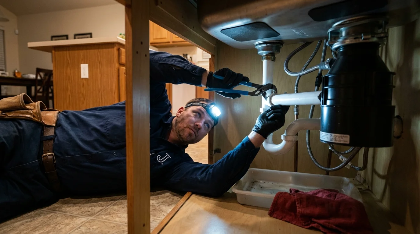 P-trap and supply line connections under a kitchen sink showing a common leak point in Centerville, PA